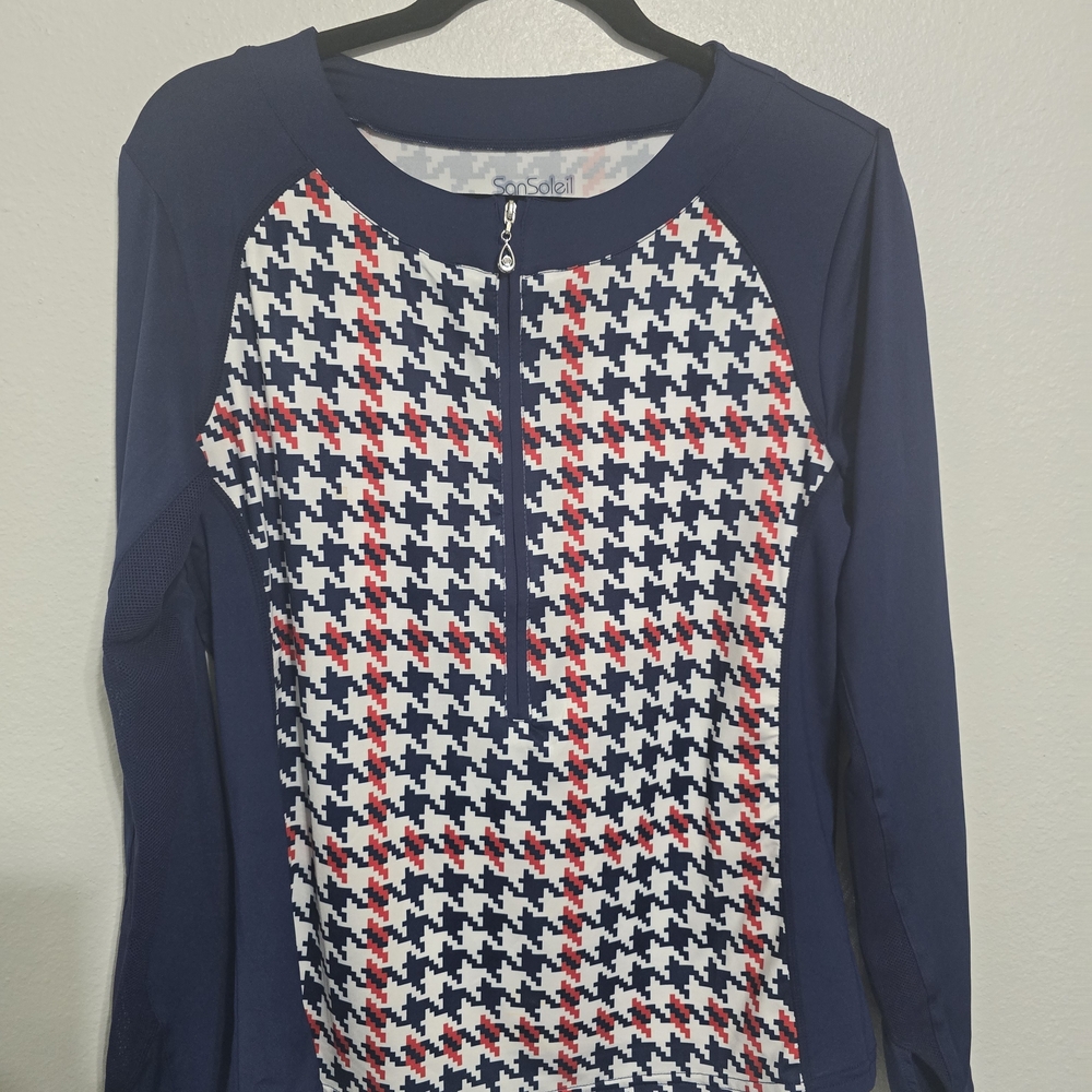 SanSoleil Woman Long Sleeve UPF 50 Golf Walk Zip Polo Shirt Tweed Navy White Red